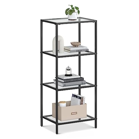 VASAGLE Regal mit 4 Ablagen, Badregal, gehärtetes Glas, einfache Montage, für Badezimmer, Wohnzimmer, Küche, Büro, transparent-tintenschwarz LGT028B61