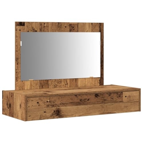 vidaXL Rustikaler Frisiertisch aus massivem Altholz mit Spiegel für Schlafzimmer Vanity Verwittertes Finish Viel Platz 100 x 40 70 cm Ideal für Makeup und Pflege Reclaimed Möbel für drinnen Reflexion
