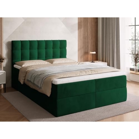BROMARKT Boxspringbett mit Bettkasten Polsterbett mit Bonell-Matratze und Topper Doppelbett mit Stauraum Bett für Schlafzimmer gepolstertes Kopfteil Detroit 140x200 Härtegrad H3 Samtstoff Grün