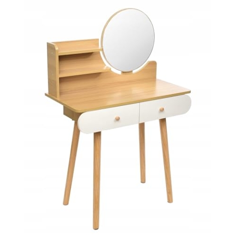 JUMI Schminktisch 80 cm breit mit Spiegel Rund 40 cm - Aesthetic Make Up Tisch mit Praktische Regale, Frisiertisch Modern, Skandinavischer Stil : Holz