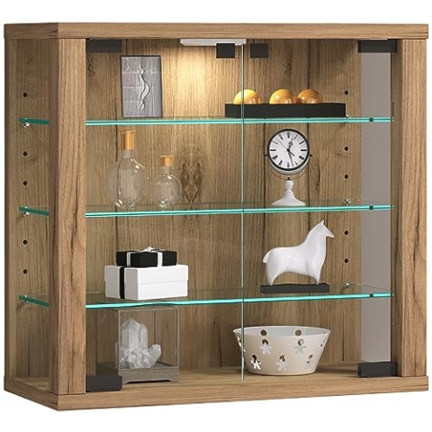 VCM Glasvitrine hängend | Vitrine Glas mit ESG-Sicherheitsglas | Maße: H. 40 x B. 43 x T. 18 cm | Hängevitrine Glas | Modern und platzsparend | Glas Vitrinenschrank - Vitrosa S Honig-Eiche