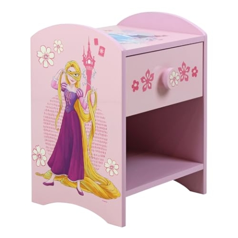 Disney Prinzessin Vaiana und Rapunzel Nachttisch, stabile Holzwerkstoff-Konstruktion mit 2-stöckigem Design für reichlich Stauraum, kleiner Beistelltisch mit Schublade und Ablagefach für Kinderzimmer