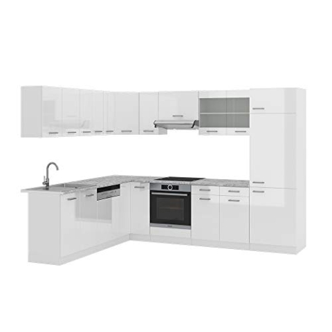 Vicco Eckküche R-Line, Küchenzeile in L-Form, Weiß Hochglanz/Weiß, 227 x 287 cm, AP Marmor