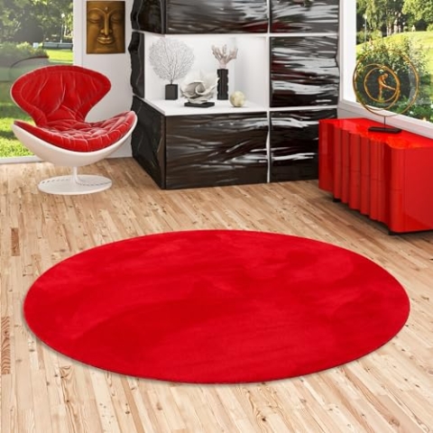Kunstfaser Teppich Wohnzimmer Luxus Super Soft Fellteppich Pearl Rot Rund in 3 Größen
