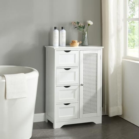 [en.casa] Badezimmerschrank Karlsøy Midischrank Badschrank mit 4 Schubladen Schranktür im Rattan Design Beistellschrank Kommode 80x55x30cm Weiß