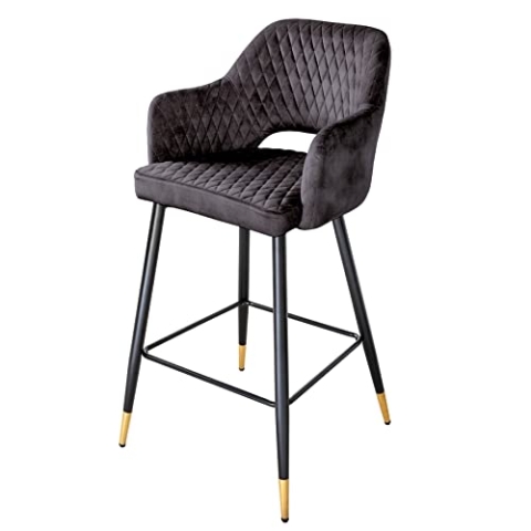 Riess Ambiente Eleganter Barhocker Paris grau Samt mit Ziersteppung und goldene Fußkappen Fußkappen Hocker Hausbar Sitzhocker
