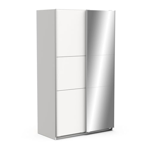Demeyere Armoire Porte Coulissante Avec Miroir & Penderie Moderne – Coloris Blanc Mat & Finitions Métal - 116,5 x 59,8 x 203 cm