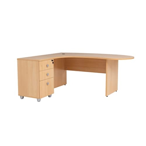 furni24 Schreibtisch Chefschreibtisch Winkeltisch PC Tisch Moderner Bürotisch Computertisch mit großer, Holzbeinen, Arbeitsfläche Gela Buche Dekor Links gewinkelt Ink.Beistellcontainer mit Schubladen