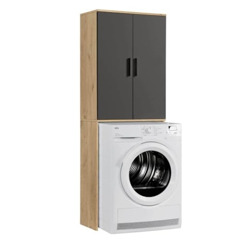 mokebo® Waschmaschinenschrank für Waschmaschinen & Trockner 'Der Saubermann', Überbau oder Überbauschrank mit Türen in Eiche-Schwarz aus Holz, auch als Toilettenregal in 65x180x34cm (B/H/T)