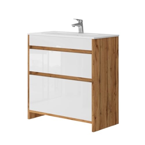 Vicco Waschbeckenunterschrank Detmold, Goldkraft Eiche/Weiß Hochglanz, 2 Teile, Unterschrank 80 cm
