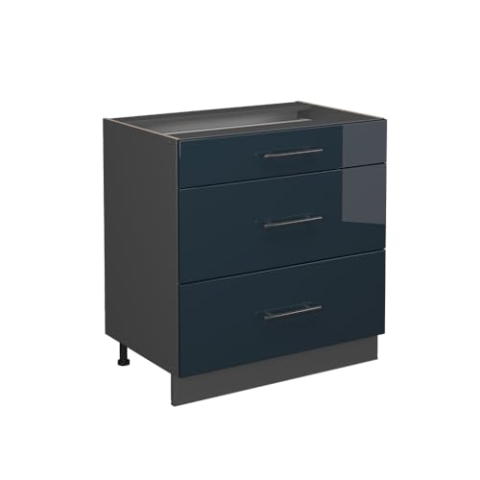 Vicco Küchenunterschrank Fame-Line, Dunkelblau Hochglanz/Anthrazit, 80 cm mit 3 Schubladen, ohne Arbeitsplatte