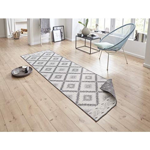 NORTHRUGS In- und Outdoor Teppich Malibu 80x250cm - Wendeteppich Wetterfest Modern Geometrisches Muster Läufer für Balkon Terrasse Garten Wintergarten Wohnzimmerteppich Wasserfest in Grau Creme