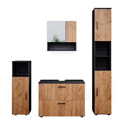 Vicco Badmöbel-Set Irma, Anthrazit/Eiche, 4 Teile, mit Schubladenschrank und Hochschrank