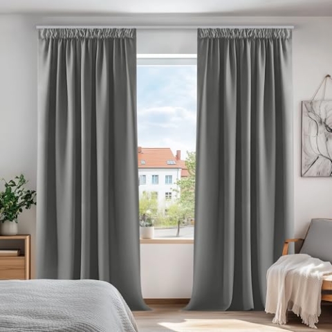 Deconovo Gardinen Verdunkelungsvorhang Kräuselband Schlafzimmer Thermogardine Kälteschutz, 229x117cm(HöhexBreite), Hellgrau, 2er Set