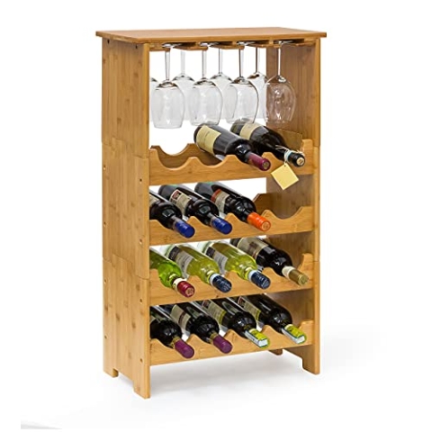Relaxdays Weinregal aus edlem Bambus H x B x T: ca. 84 x 50 x 24 cm Weinhalter für 16 Flaschen und 12 Gläser Flaschenregal aus 3 Teilen mit Glashalter und Ablage Weinflaschenregal zum Stapeln, natur