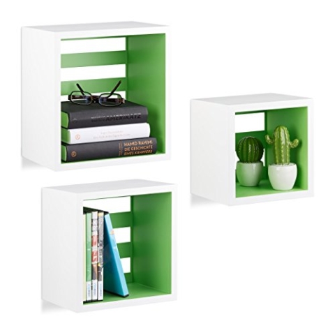 Relaxdays Hängeregale Cube, Wandregal 3er Set, quadratische Würfel Regale für Wand, schwebende Regale, MDF, weiß/grün