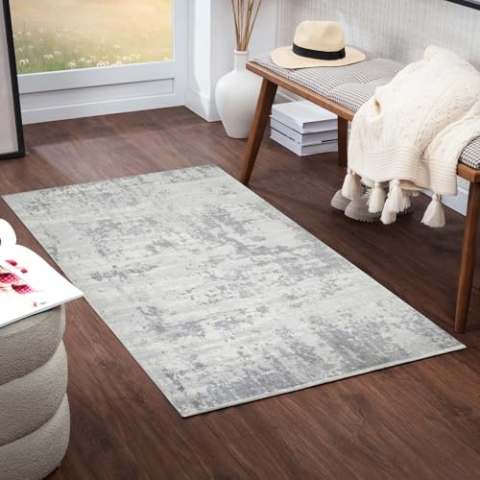 Livabliss Phuket Teppich Läufer modern – Abstrakt Design in Marmor Optik für Wohnzimmer 80x150 cm, Esszimmer, Schlafzimmer – Marmor Teppich groß, weicher Teppich Kurzflor, Grau, Silber, Elfenbein