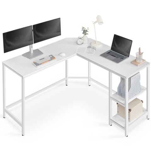 VASAGLE Schreibtisch, L-förmiger Computertisch, 138 x 138 x 76 cm, Eckschreibtisch mit 2 Ablagen, platzsparender Bürotisch, Gaming, Homeoffice, einfacher Aufbau, ahornweiß LWD072W44