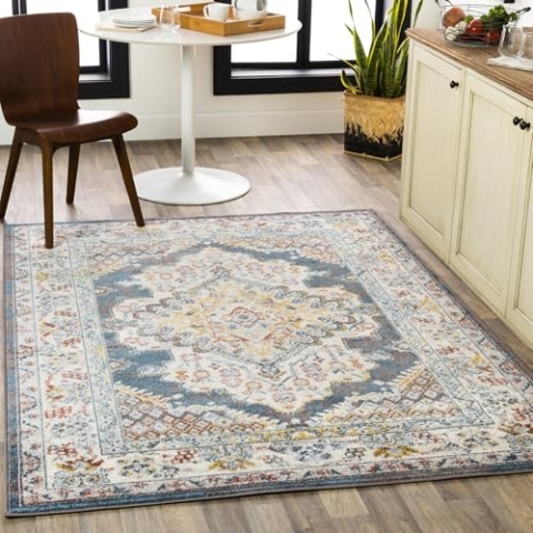 Surya Casablanca Vintage Teppich groß - Teppich Wohnzimmer 200x275 cm, Esszimmer, Schlafzimmer - Orientalischer Teppich Boho Style - Carpet Living Room, Bunter Muster, Braun und Blau