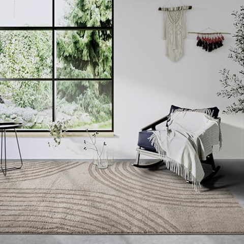 Elle Decoration Hochflor Teppich Pigment – Moderner Wohnzimmerteppich, Langflor Shaggy, Modernes Muster, Flauschig Weich Boho für Wohnzimmer, Schlafzimmer – Beige, 200x280cm