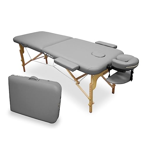 WELLCORE Massageliege, klappbar, aus Holz, Kunstleder, 185 x 65 cm, höhenverstellbar, Abnehmbarer Kopf, Zwei Erweiterungsarme, Gesichtsloch, Silber, bis 225 kg