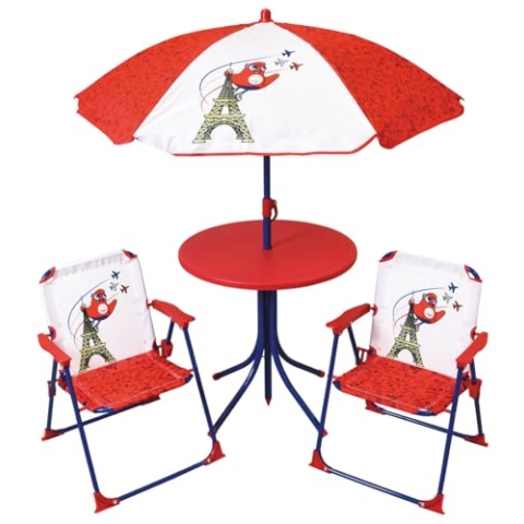 Fun House 713592 Olympische Spiele Paris 2024 Gartenmöbel, für Kinder, mit einem Tisch, H 46 x Ø 46 cm, Zwei Stühle, H 53 x B 38,5 x T 37,5 cm und einem Sonnenschirm, H 125 x Ø 100 cm