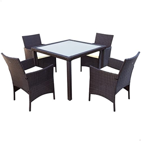 Aktive 61073 – Rattan-Gartentisch- und Stuhlset | Terrassentisch und Stühle beinhaltet 4 Gartenstühle und 1 Gartentisch 100 x 75 cm | Garten- und Terrassenmöbel