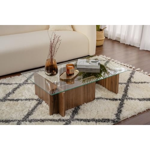 Hanah Home Stylish Coffee Table, Walnut Finish, 105 x 30 x 65 cm | 100% Tempered Glass Top, 100% Melamine Coated Particle Board, 18 mm Thick | Modern Design for Living Room