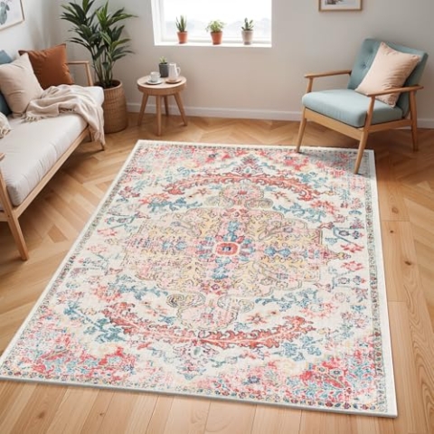 Livabliss Manama Vintage Teppich groß - Teppich Wohnzimmer 200x275 cm, Esszimmer, Schlafzimmer, Orientalischer Teppiche Boho Style - Carpet Living Room, Bunter Muster, Rot, Elfenbein, Blau, Safran