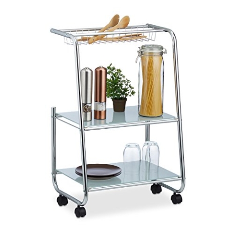 Relaxdays Rollwagen Metall mit 2 Glasablagen, Gitterkorb, schmaler Beistellwagen für Küche, HxBxT: 77x47x32,5 cm, silber