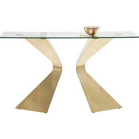 Kare Design Konsole Gloria, Konsolentisch, skulpturales Gestell, Glasplatt, gold, 82x140x45cm (H/B/T)