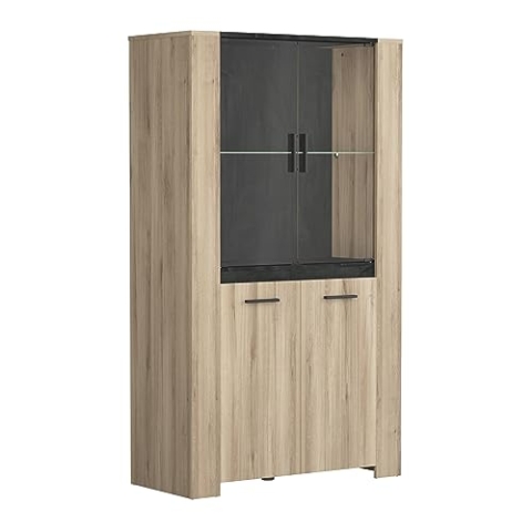 Demeyere Vaisselier Vitrine Industriel En Bois 2 Portes Vitrées & 2 Portes – Coloris Chêne et Gris Foncé Martelé - 99,8x43,3x73,8 cm