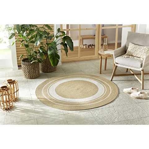 Northrugs Trenzado In- & Outdoor Teppich Rund Wetterfest – Pflegeleicht Handmade-Look für Innen und Außen Gewebter Outdoorteppich Läufer für Balkon, Terrasse, Wohnzimmer, Garten – Creme Beige, ø 150