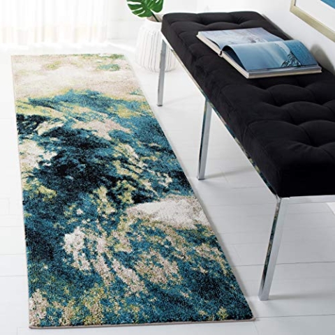 SAFAVIEH Abstrakt Teppich für Wohnzimmer, Esszimmer, Schlafzimmer - Glacier Collection, Kurzer Flor, Silber und Elfenbein, 69 X 244 cm