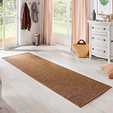 BT Carpet Nature Läufer In- und Outdoor – Schlingen Küchenläufer Rutschfest Flachgewebe Kurzflor Woll-Optik Fineloop Küchenteppich für Flur, Küche, Garten, Terrasse, Badezimmer – Naturbraun, 80x500cm
