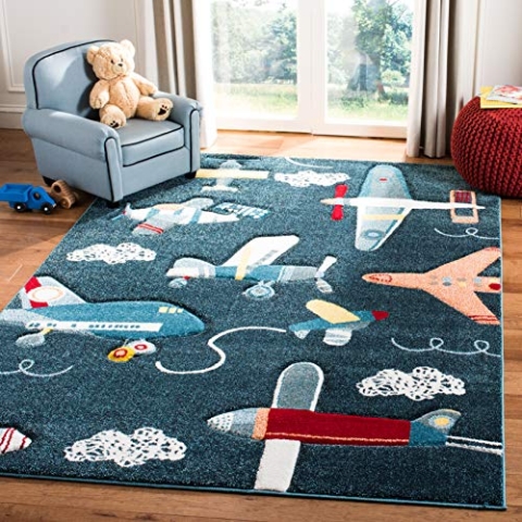 SAFAVIEH Zeitgenössische Teppich für Wohnzimmer, Esszimmer, Schlafzimmer - Carousel Kids Collection, Kurzer Flor, Marine und Elfenbein, 99 X 160 cm