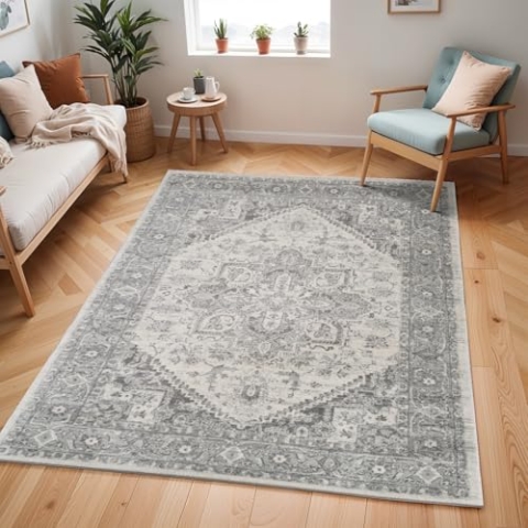 Livabliss Khartoum Vintage Teppich groß - Orientalischer Teppich Wohnzimmer 160x220 cm, Esszimmer, Schlafzimmer - Boho Teppich, Kurzflor Teppich für einfache Pflege - Muster Teppich in Grau und Beige
