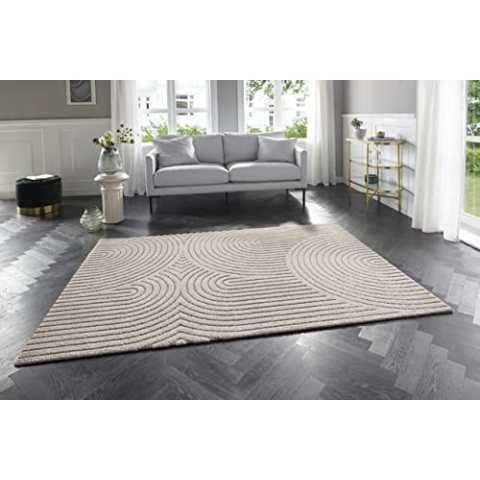 Elle Decoration Panglao moderner Hochflor Teppich - Wohnzimmerteppich Flauschig – Hoch-Tief Skandi Boho Style Wellen - für Wohnzimmer, Schlafzimmer, Küche, Flur - Creme Beige, 200x290cm