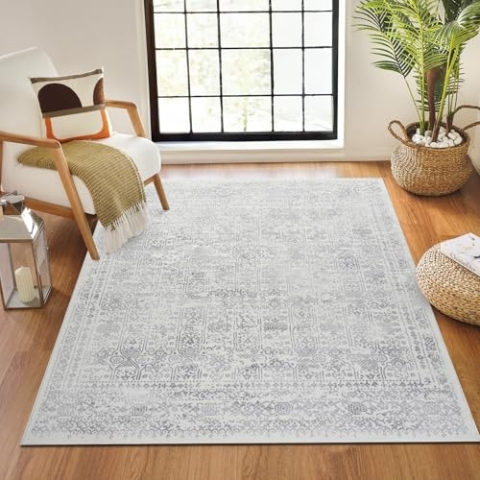 Livabliss Marrakech Vintage Teppich groß - Orientalischer Teppich Wohnzimmer 120x170 cm, Esszimmer, Schlafzimmer - Boho Teppich, Kurzflor Teppich für einfache Pflege - Muster Teppich in Grau und Creme