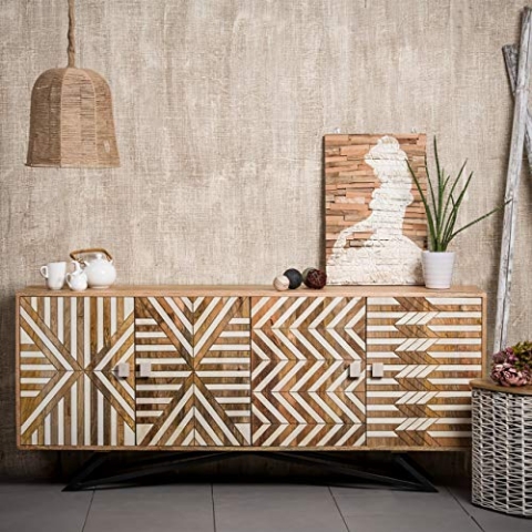 Native Home Sideboard Holz, mit Muster, modern, massiv, mit Türen, Mangoholz, Kommode, HxBxT: 75 x 177 x 45 cm, braun