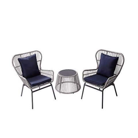 Teamson Home 3-TLG. Terrasse Gartenmöbel, Rattan Patio 2 Stühle & Tisch Bistro Sitzgarnitur mit Kissen, Wetterbeständig, Weiß/Blau
