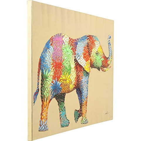 Kare Design Bild Touched Flower Elephant Bunt, Leinwandbild, Elefant, Acrylfarbe, Canvas, handgemalte Details, leichte Wandmontage, Modern, Wohnzimmer, Schlafzimmer, Flur, 90x120x4 cm (H/B/T)