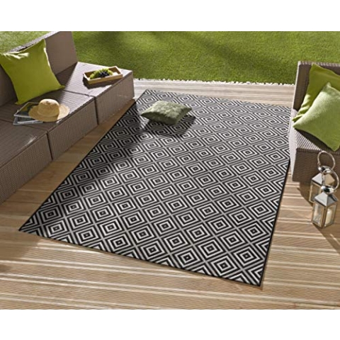 NORTHRUGS In- und Outdoor Teppich Karo 240x340 cm Wetterfest Modern Geometrisches Muster Kariert Allover Design Teppich für Balkon Terrasse Garten Wintergarten Wohnzimmerteppich Wasserfest, Schwarz
