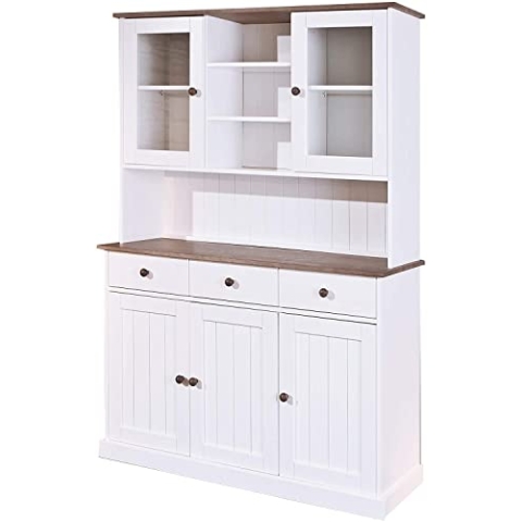 Inter Link - Vitrinenschrank - Küchenschrank - Geschirrschrank - Esszimmerschrank – Vitrine - Landhausstil - Kiefer Massivholz – 5 Türen – 3 Schubladen – Westerland 6.2 – Weiß/Sepia lackiert