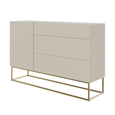 Selsey Kommode Schrank Aufbewahrungsschrank 140 cm Mit 3 Schubladen Und 1 Tür Graubeige Goldene Beine Veldio