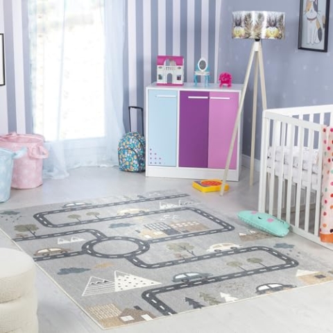 Livabliss Auto-Spielmatte Kinderteppich waschbar - Cartoon Teppich 120x170 cm, Waschbarer Teppich Kinderzimmer oder Babyzimmer, Krabbelteppich, Spielteppich - Baby Teppich für Jungen & Mädchen, Grau