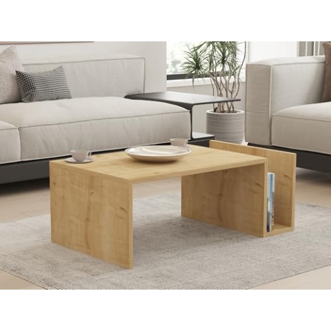 Hanah Home Modern Coffee Table in Sapphire Oak, 86.8 x 32.4 x 50 cm | 100% Melamine Coated Particle Board, 18 mm Thick | Wall-Fixable, Scandinavian Design