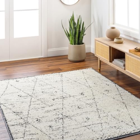 Livabliss Plano Teppich Wohnzimmer Boho, großer Teppich Schlafzimmer 120x170 cm - Teppich für Esszimmer mit geometrischem Muster, Skandinavischer Wohnzimmerteppich modern in Creme und Schwarz