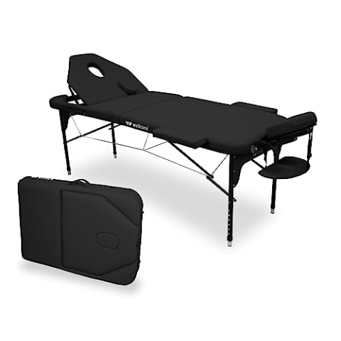 WELLCORE Klappliege aus Aluminium, mit aufklappbarer Rückenlehne, 185 x 65 cm, Kunstleder, höhenverstellbar, Gelenkkopf, Gesichtsloch, Schwarz, Transporttasche, bis 225 kg