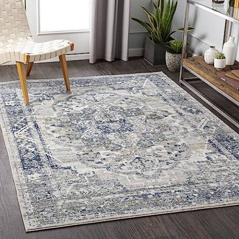 Surya Ascot Vintage Teppich Groß - Orientalisch für Wohnzimmer 200x275 cm, Esszimmer, Schlafzimmer - Boho, Kurzflor für Einfache Pflege - Muster in Grau und Blau